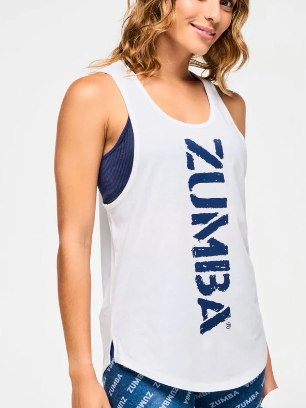 ZUMBA NEW COLLECTION White Tank with Vertical Blue ZUMBA logo- NWT - M